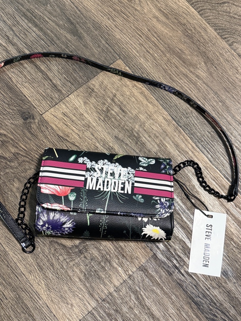 Steve Madden Black Floral Crossbody with Pink Stripe Accents